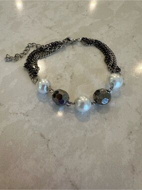 Pearl and Black Bead Multi-Chain Bracelet - White and Silver